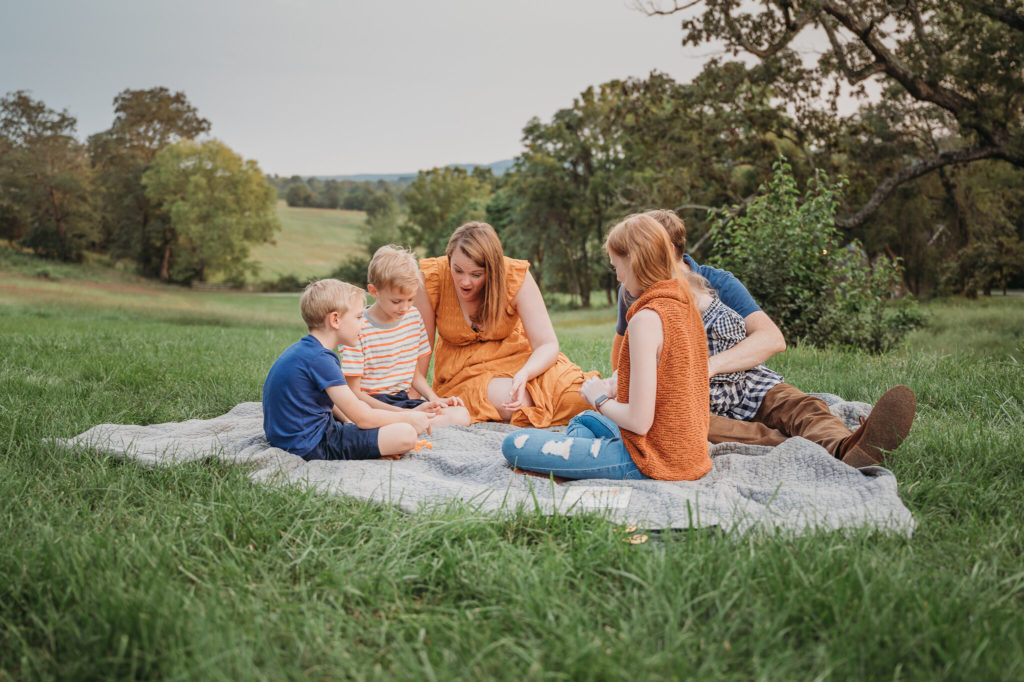 Family having a picnic in field