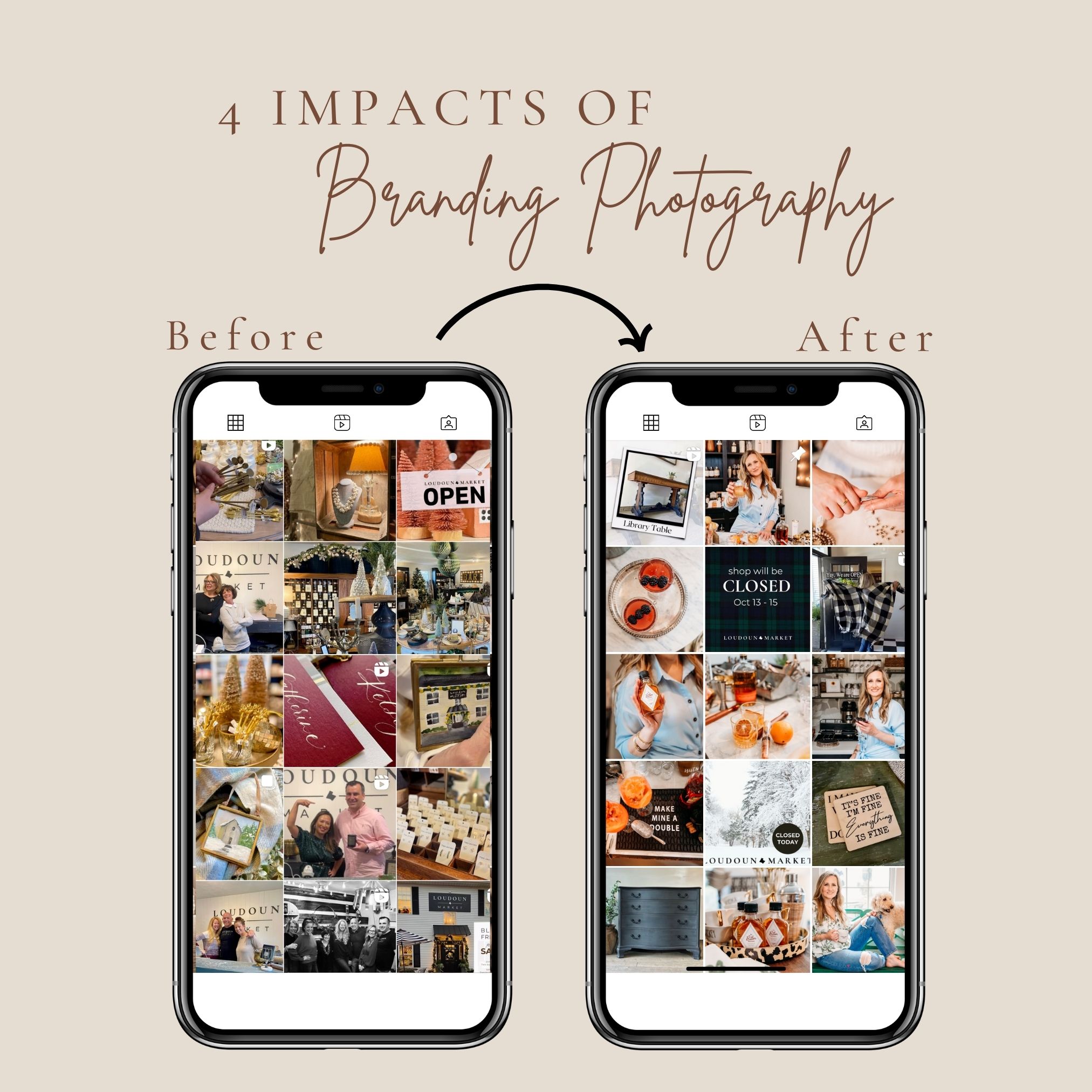 4 impacts of branding photography on social media with brand photography. Before and after.