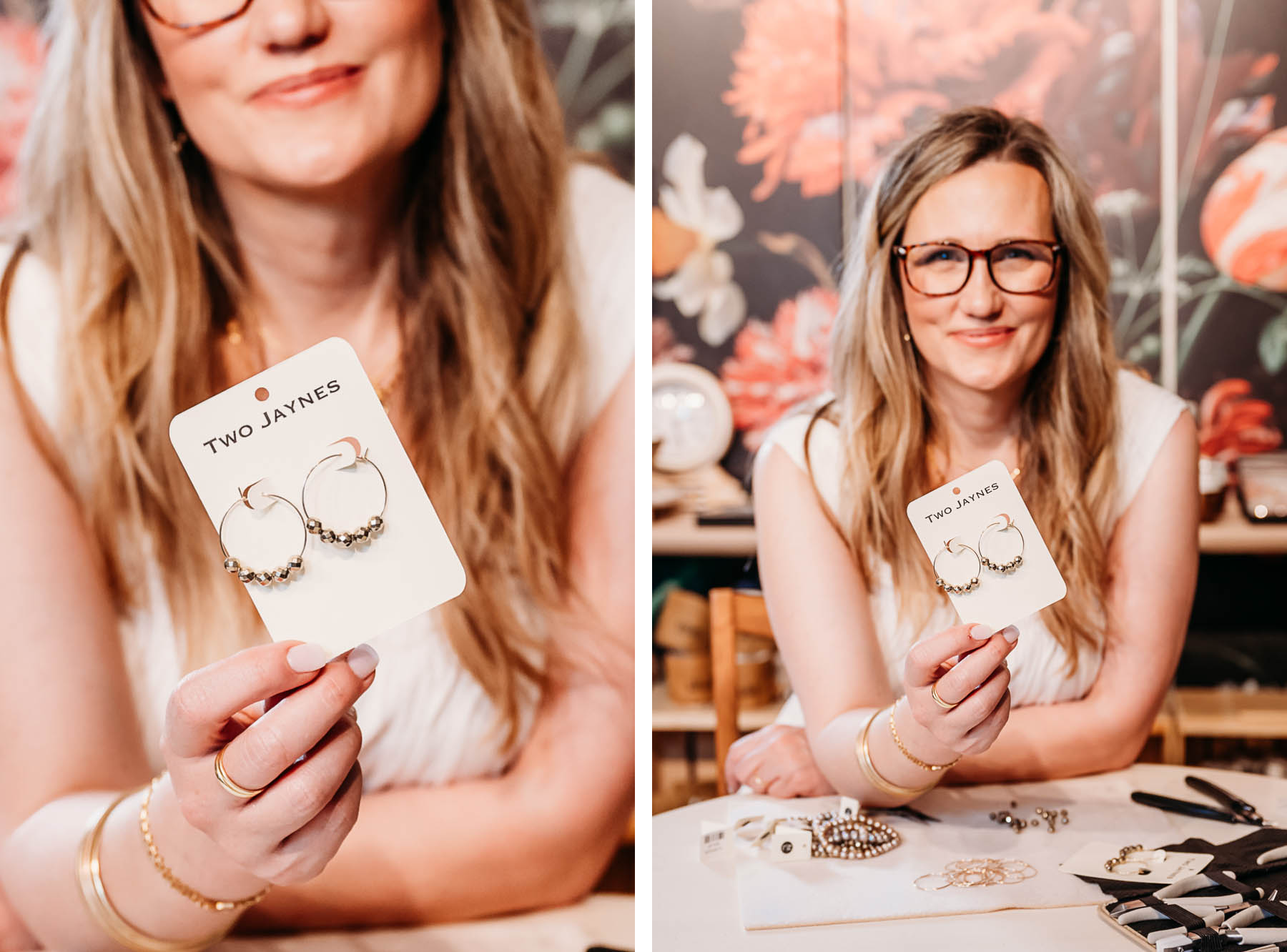 Branding photos of store owner at work making jewelry. Loudoun Market Branding Photography by Jenny Sessoms. 
