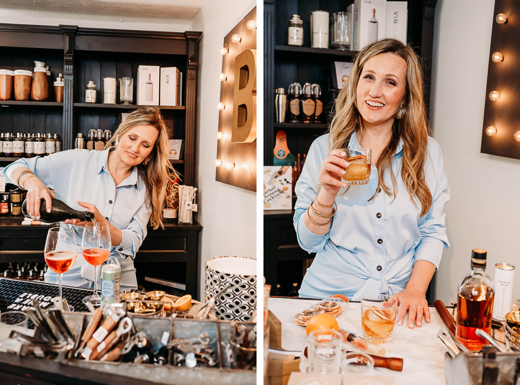 Warm branding images of store owner mixing drinks. Loudoun Market Branding Photography by Jenny Sessoms. 
